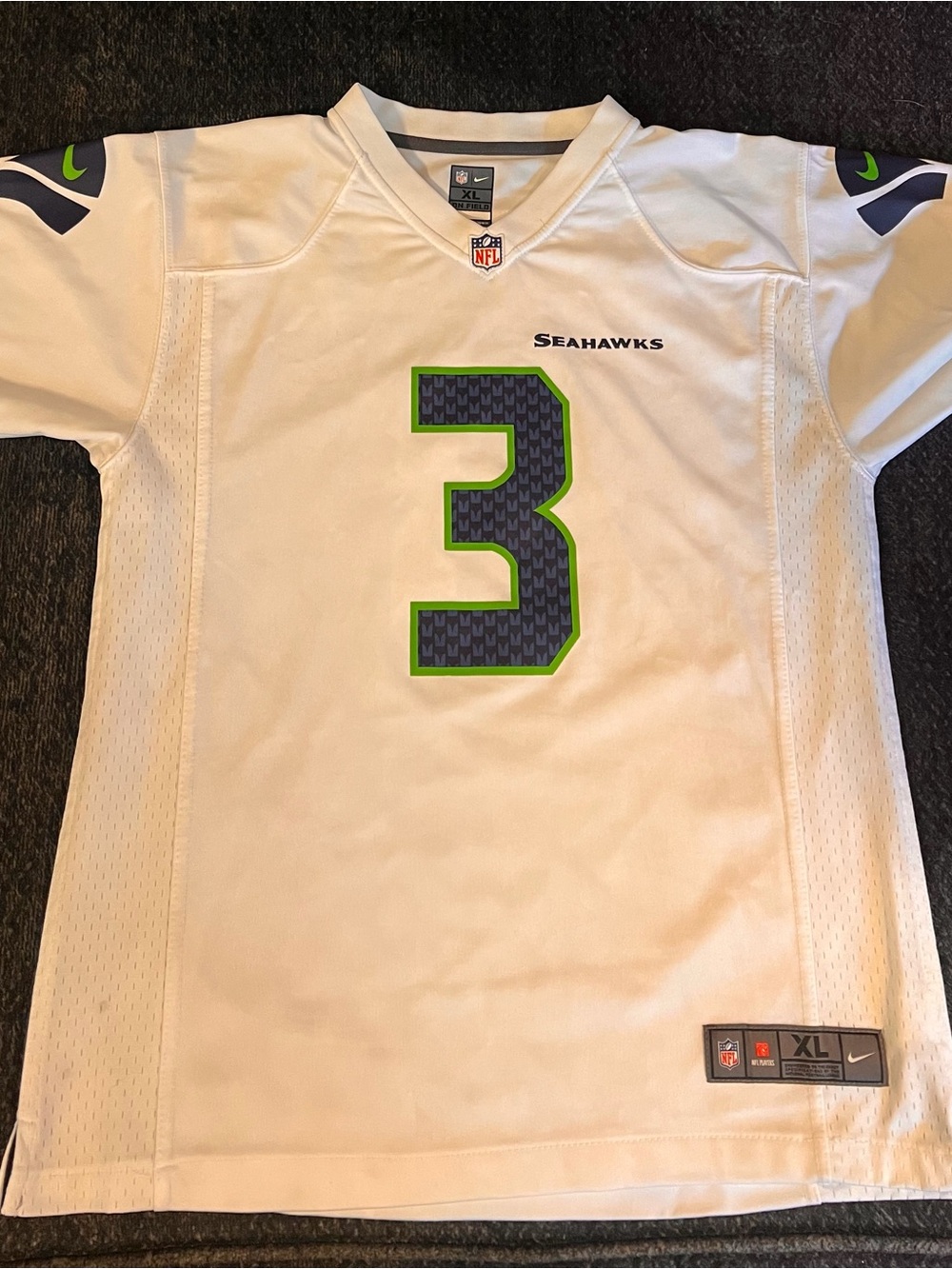 NFL Seahawks Teens Size 18/20 White Jersey #3 with Navy and Neon Green